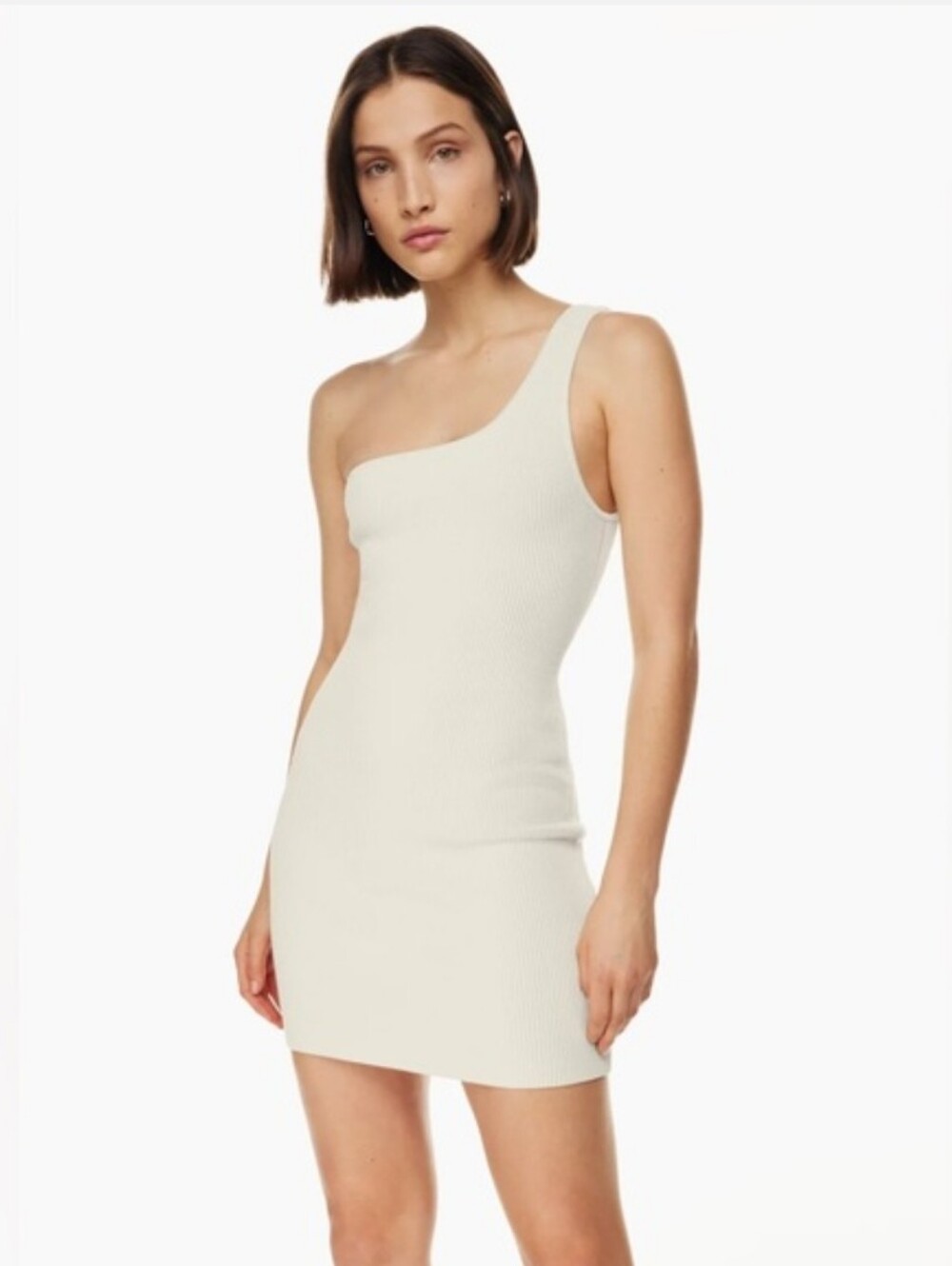Babaton Skulpt Knit One-Shoulder Ribbed Mini Dress in Matte Pearl